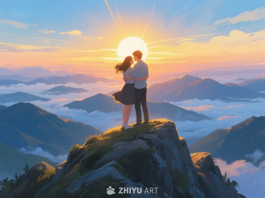 山顶情侣拥抱，日出云海美景 651