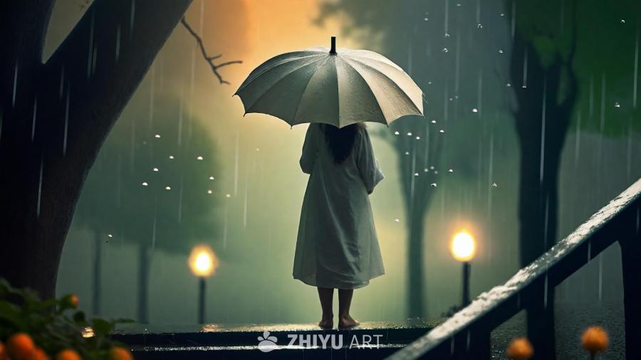 雨中，一个小女孩打着一把白色的伞，穿着类似伊斯兰风