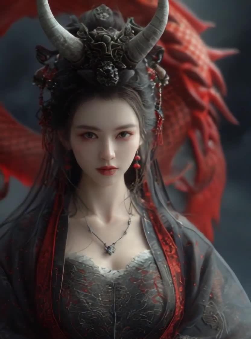 戴角饰红妆女子，背景龙形图案，东方韵味