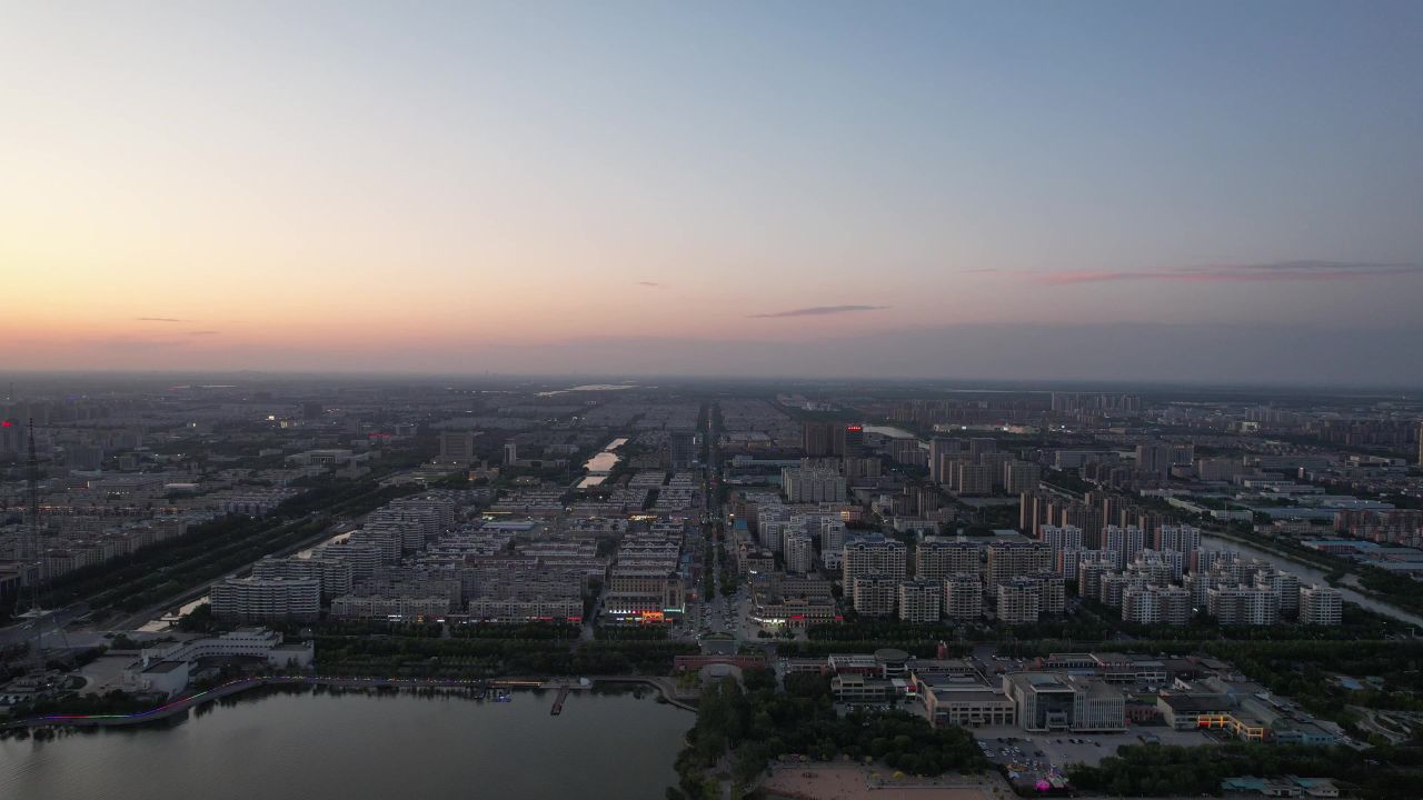 城市夕阳晚霞日落航拍东营日落  