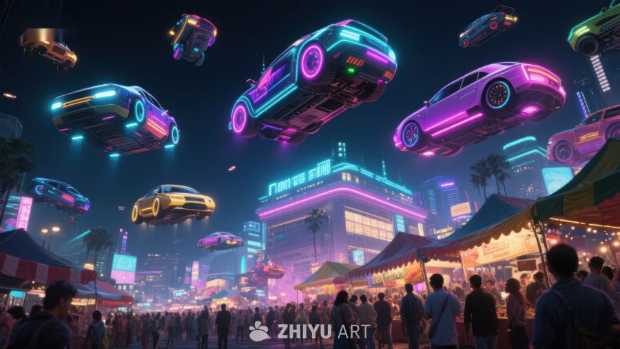 未来城市夜景：悬浮汽车与霓虹灯 557