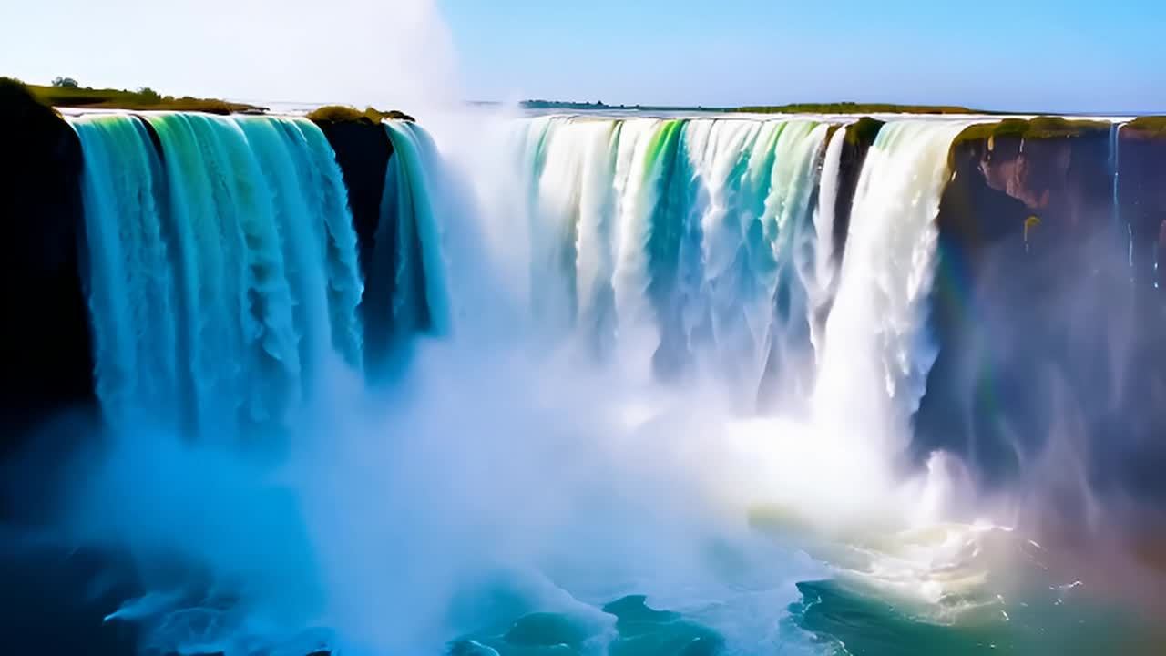 壮观的瀑布从高处倾泻而下，水流湍急。水雾弥漫在空气