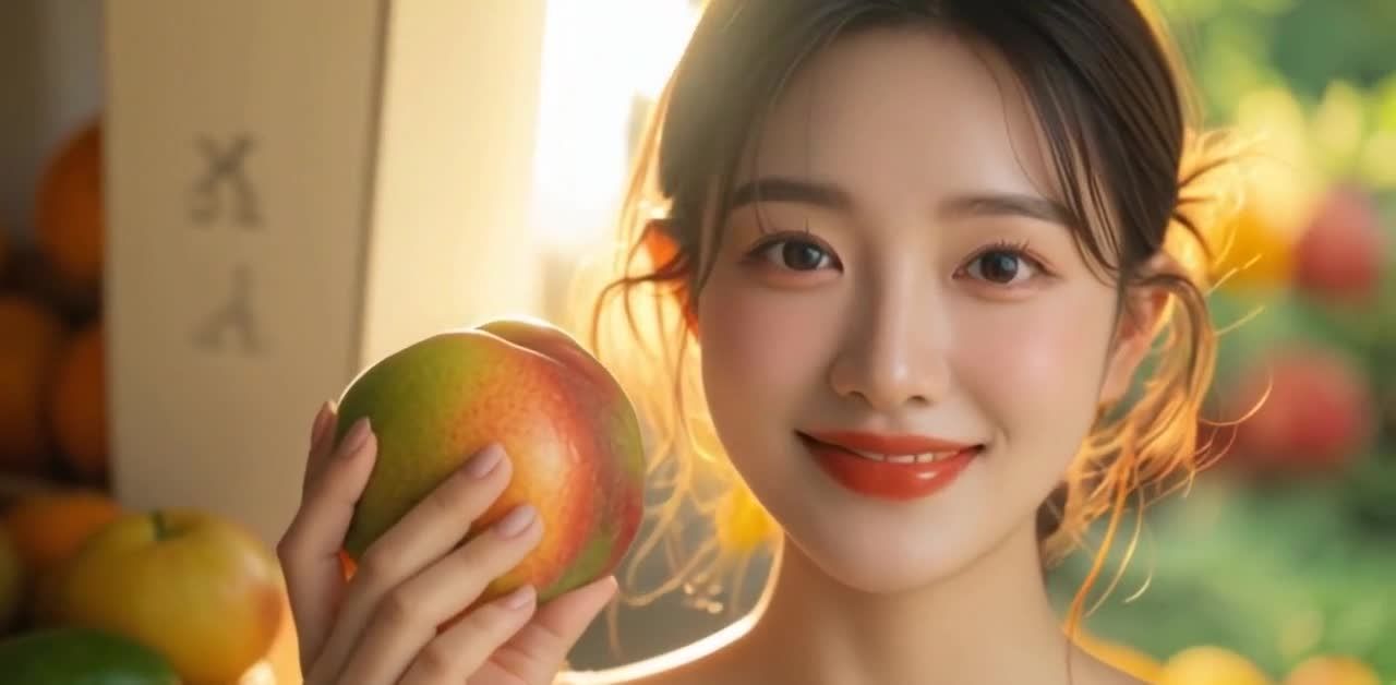 一名年轻女子正对着镜头微笑，她的右手拿着一颗芒果。