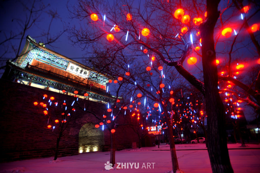 雪夜古楼红灯笼
