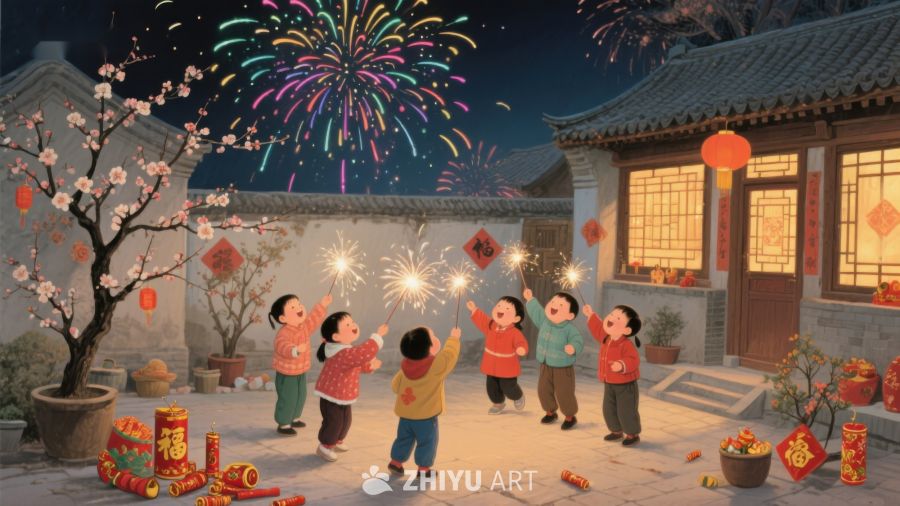 孩童院中燃放烟花迎新春 292