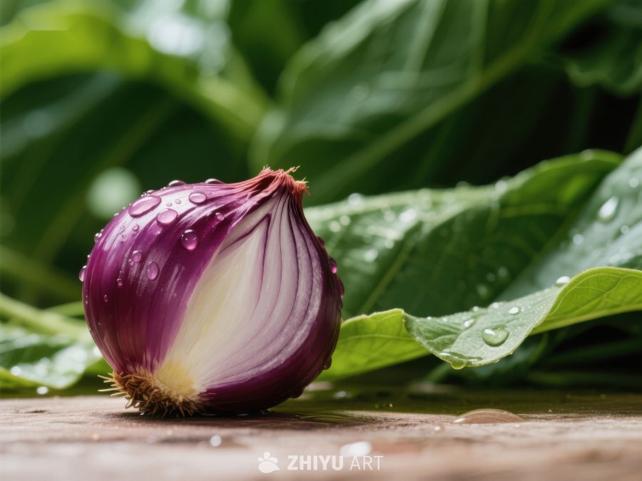 新鲜紫洋葱与绿叶的特写 661