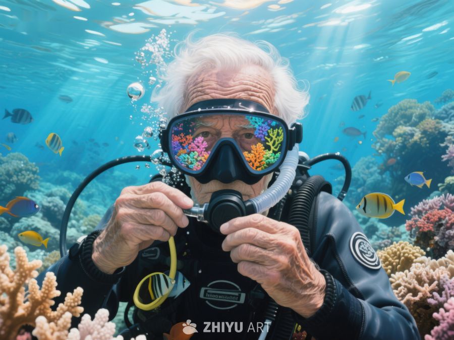 老人海底潜水探索珊瑚礁 393