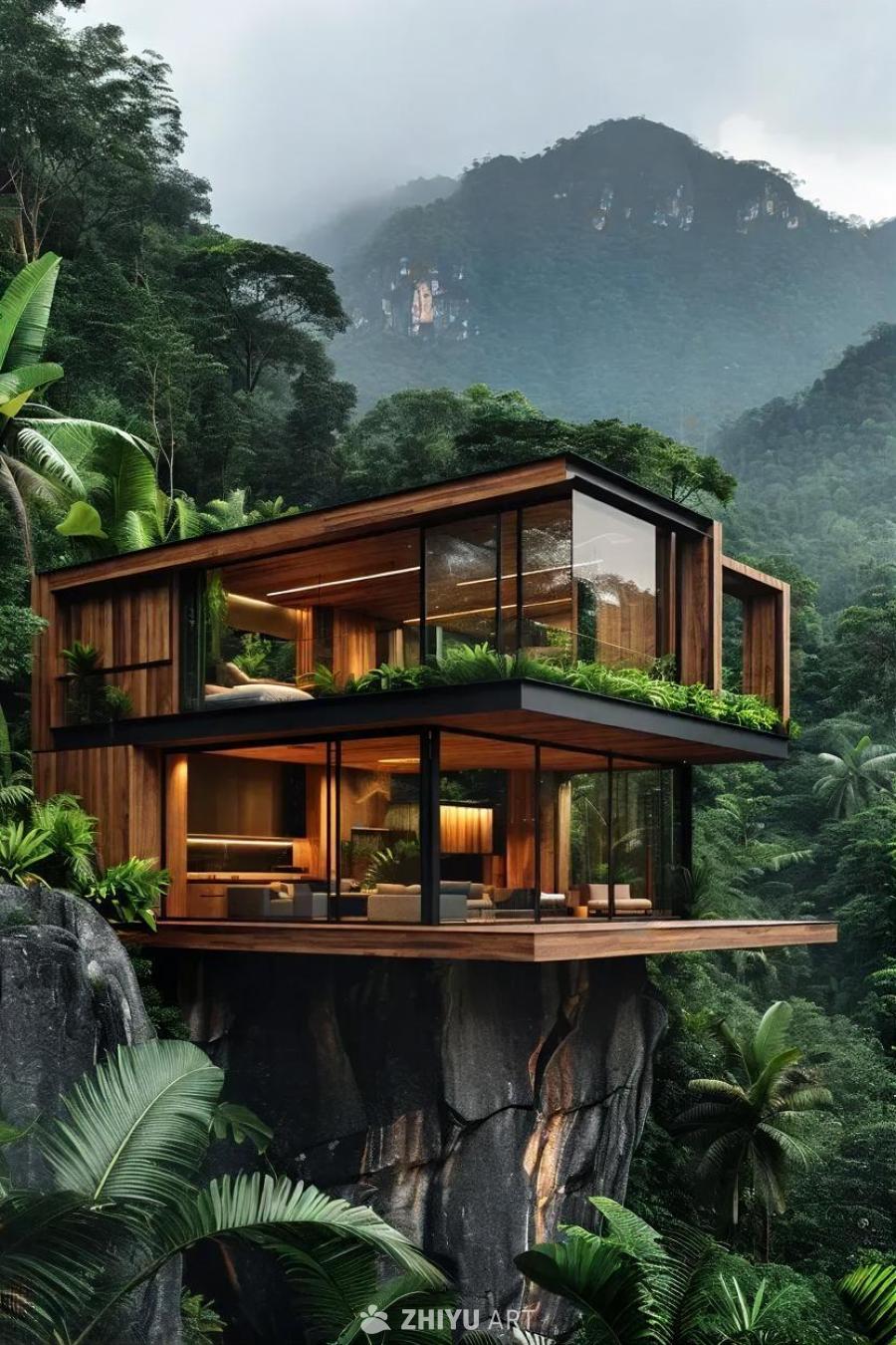 郁郁葱葱的山腰上，依偎着一间引人注目的现代小屋。照