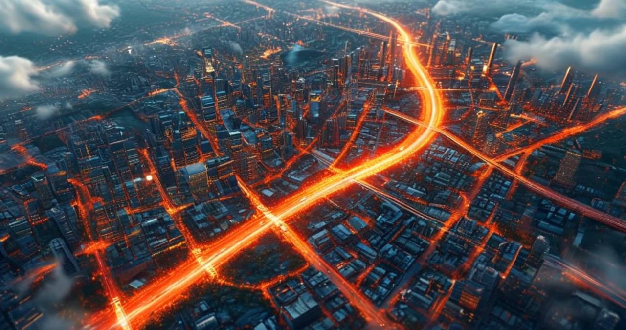夜幕下科幻城市，橙色光线交织纵横。