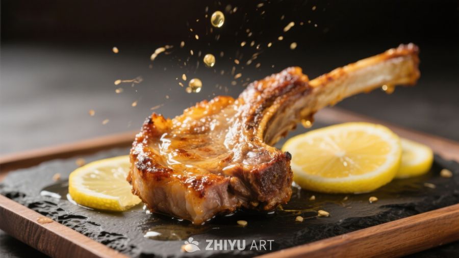 柠檬汁溅洒在烤羊排上