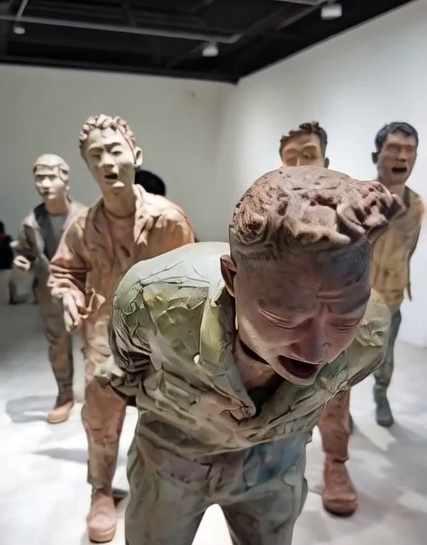 一组人物雕塑站在一个白色墙壁的房间里。最前面的雕塑