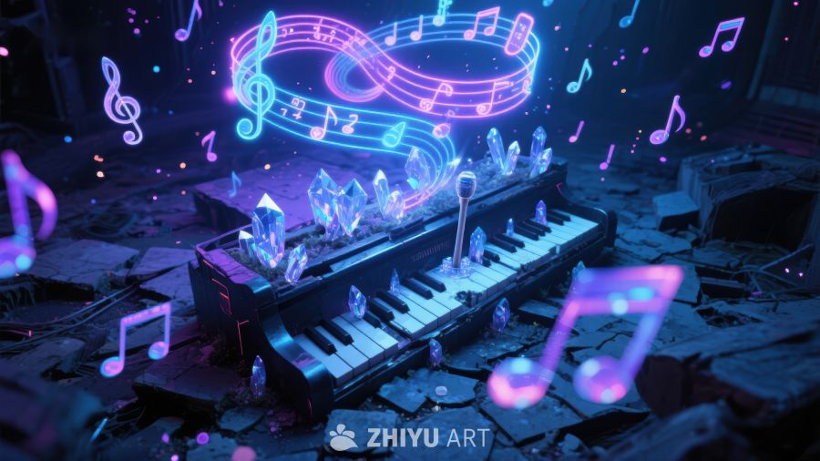 霓虹音乐符号环绕的水晶钢琴 445