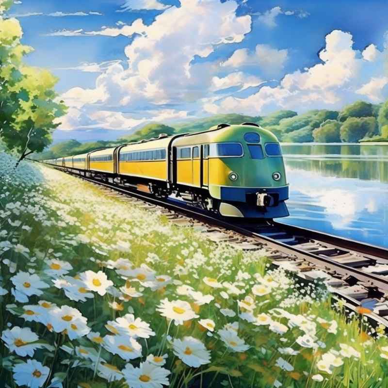 一辆火车在春天里行驶
