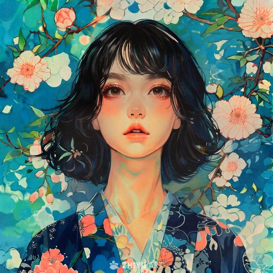 一位年轻女性的画像，她穿着一件饰有蓝色和粉色花朵图