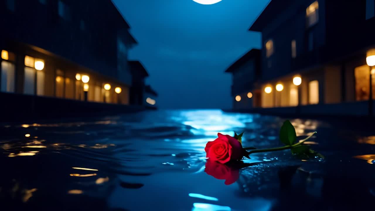 夜晚，月光照耀，波浪缓慢流动。雨水落在水坑里，形成