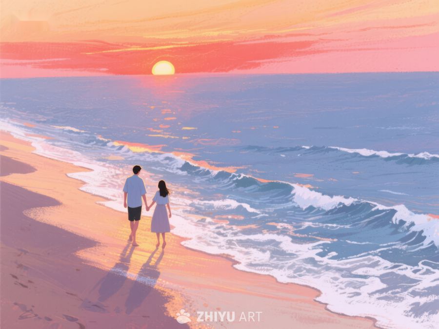 海滩日落下的牵手情侣 273