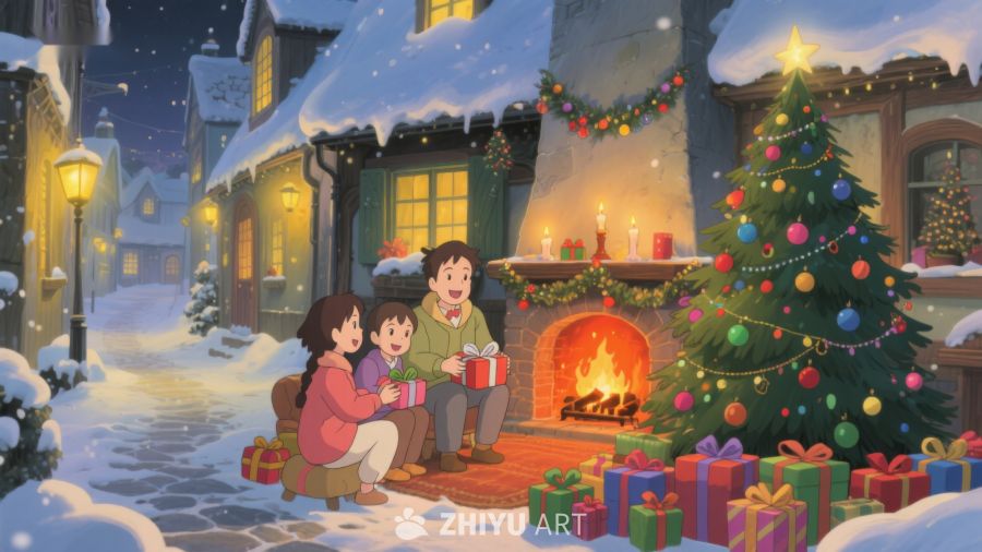 雪夜温馨圣诞夜，家人围炉共度佳节 424