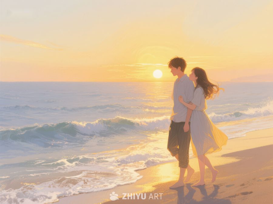海边日落情侣漫步 206