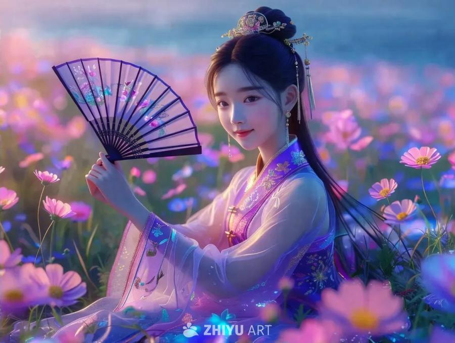 一位年轻女子坐在花海中，她手持一把扇子，面容清秀，