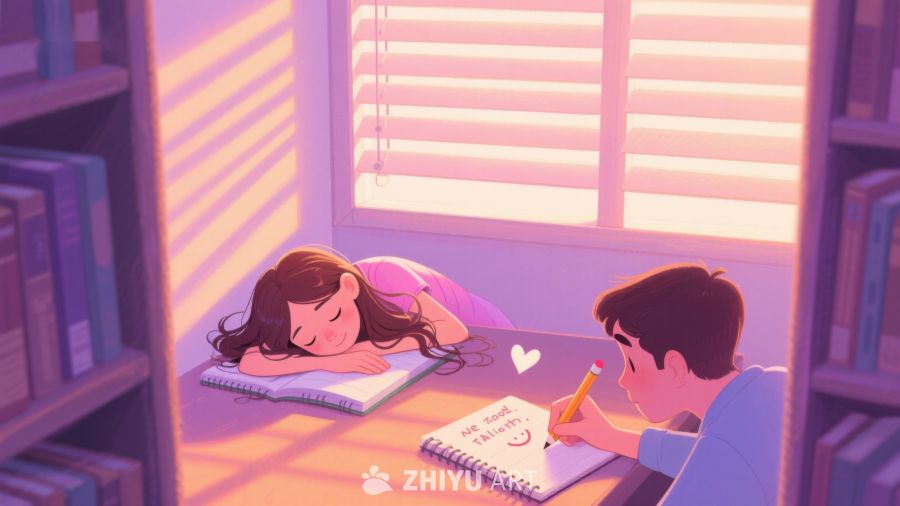 窗边学习的少年与熟睡的女孩 100