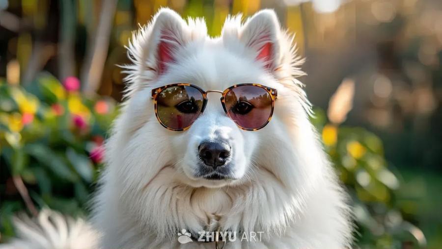 一只戴着豹纹边框眼镜的萨摩耶犬，背景是模糊的树叶和
