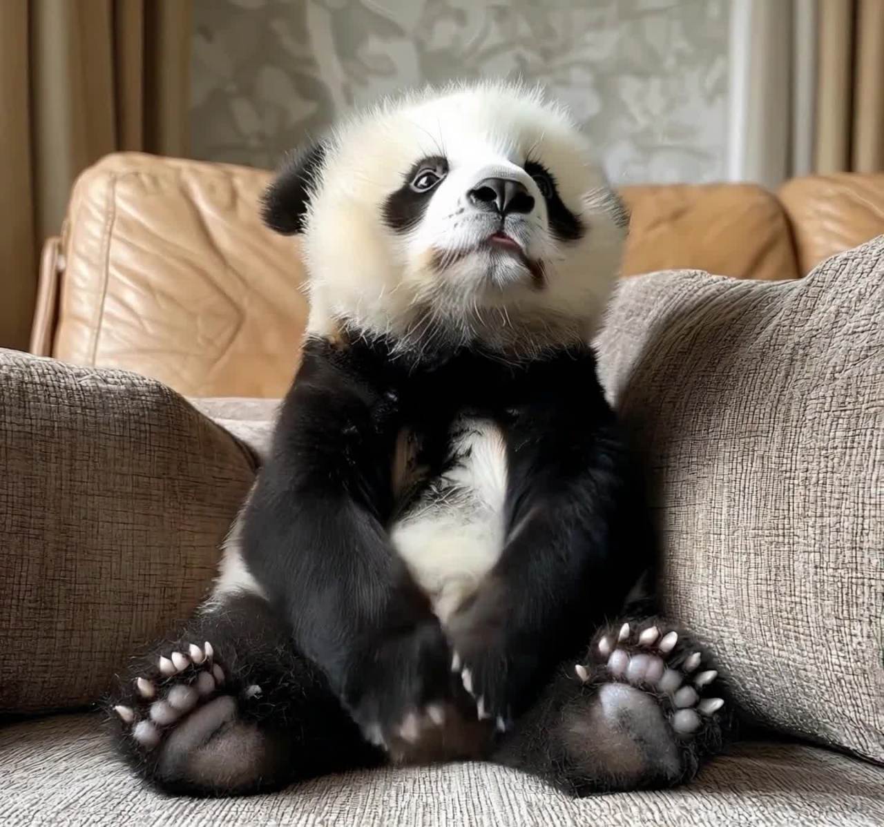 一只熊猫幼崽坐在米色的沙发上，张开嘴似乎在笑。熊猫
