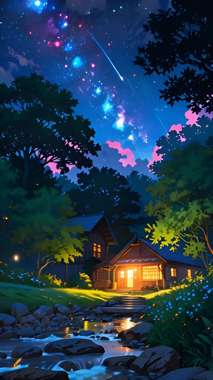 夜空中布满星光，其中一颗流星划过天际。天空中有粉色