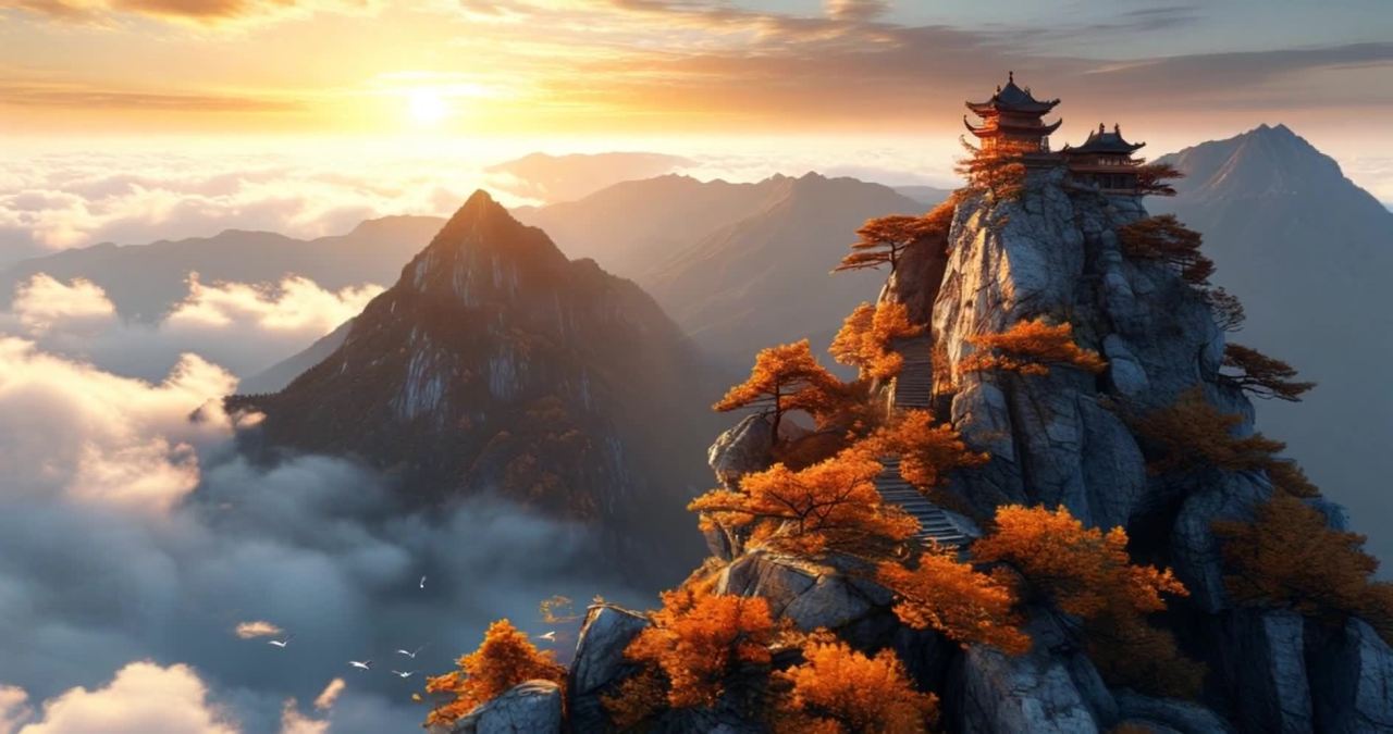 远山层叠，山峰轮廓在云雾中隐现。山顶有一座中式楼阁