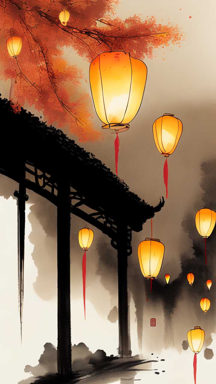 唯美中元节河灯原创插画素材背景