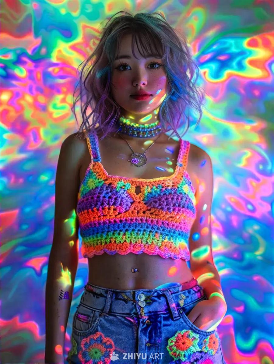 一个穿着彩色钩针背心和牛仔短裤的动漫风格女性，站在