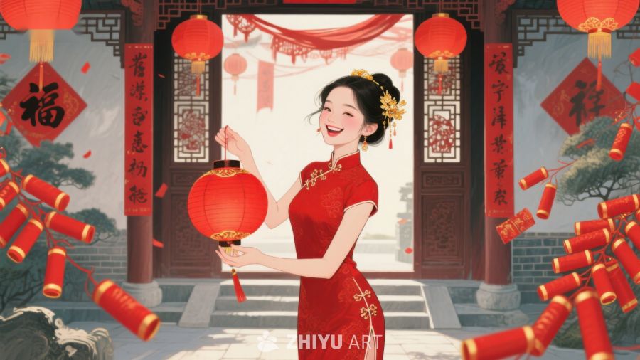 女子身着红裙手提灯笼庆祝节日 698