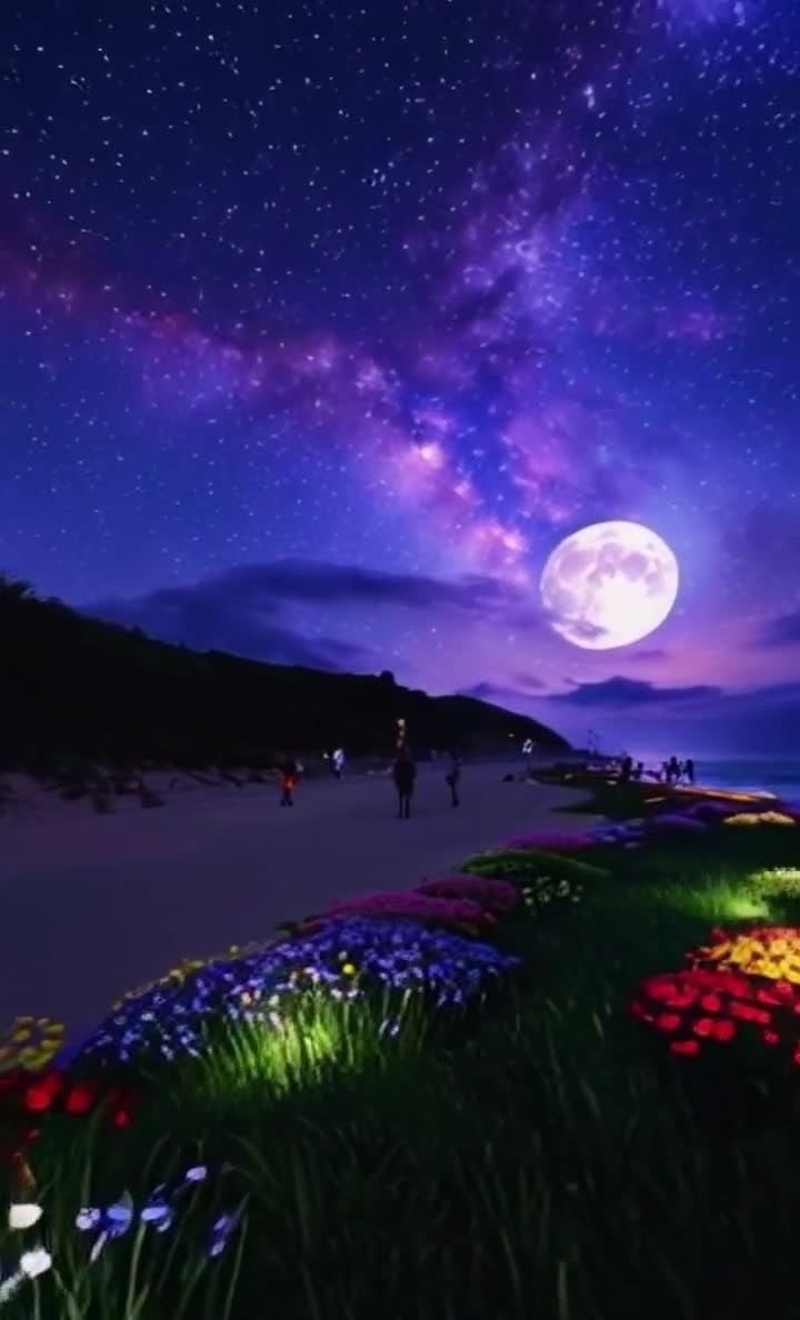 星空夜，人们在沙滩上散步。星空呈现紫色和蓝色，明亮