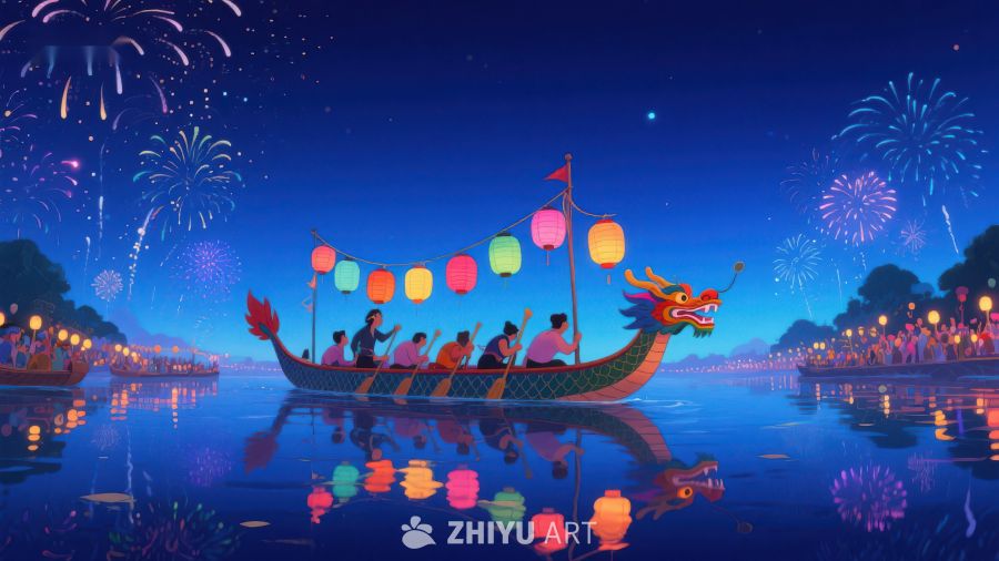 夜色龙舟竞渡，烟花绽放庆佳节 431