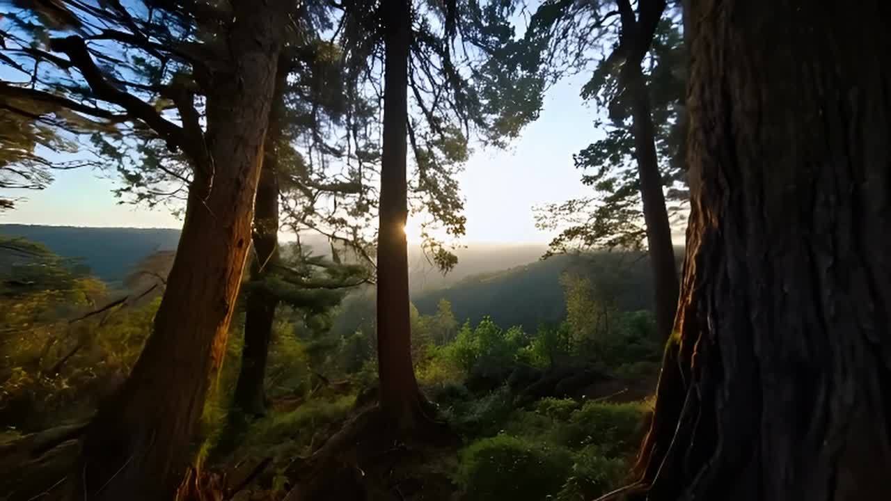 森林宁静，高大的古树挺立，柔和的阳光透过树叶洒落，营造出一种平和的氛围。广角镜头配合慢动作拍摄：展现了一幅宁静祥和的森林景象，参天古木与斑驳光影交织于林间。摄像机缓缓穿行于这片密林之中，记录下这份静谧的美好。