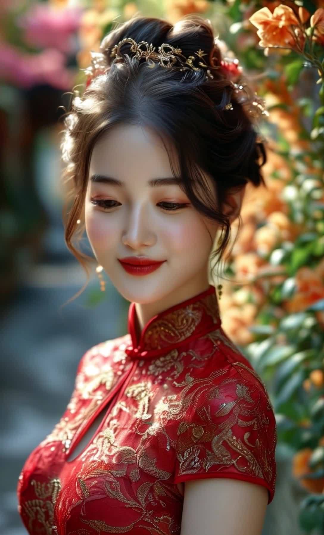 旗袍女子金色发饰温柔微笑