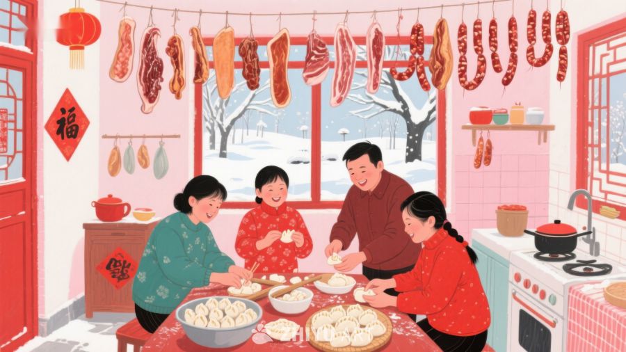 家庭围坐包饺子，窗外冬景迎新春 547