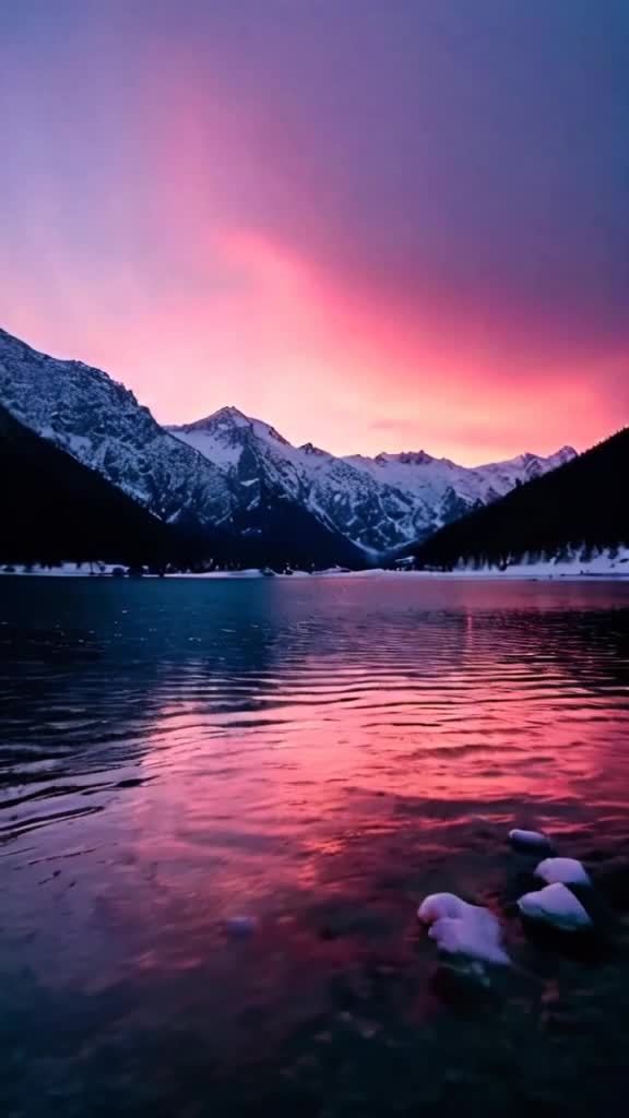 一个波光粼粼的湖泊，被高耸的雪山环绕。天空被日落染