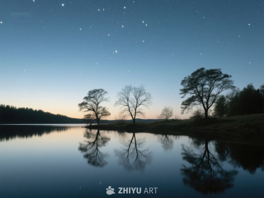 夜空下的湖畔树影 334