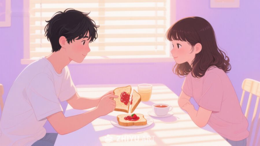 温馨早餐时光：两人共进草莓吐司 493