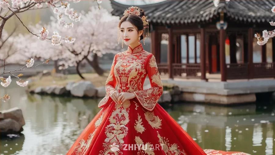 一位女性身穿红色中式婚纱，婚纱上有精致的金色刺绣。