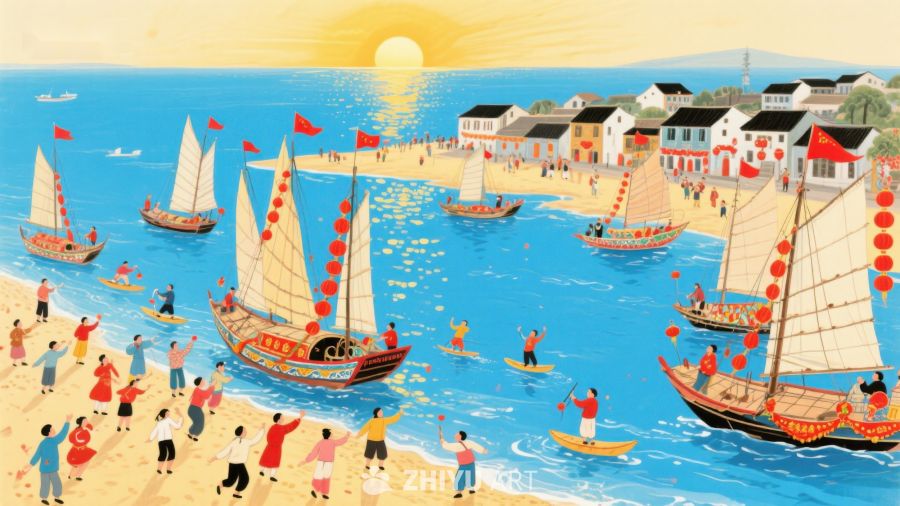 海滨节日，帆船与人群欢庆 322