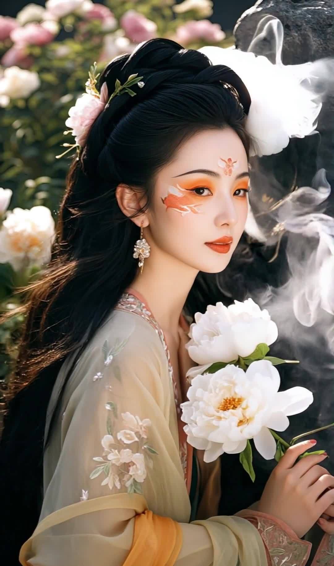 古典仕女手持牡丹，妆容精致，烟雾缭绕。