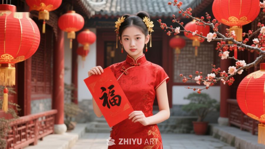 女子身着红色旗袍手持福字迎新春 703