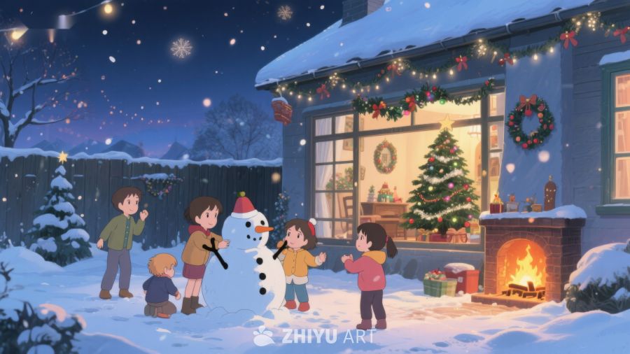 冬夜雪地，孩子们与雪人共度温馨时光 105