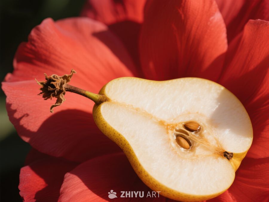 切开的梨与红色花瓣 348