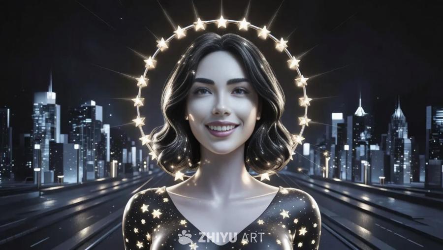 黑白肖像照中，一位女性的身体和头部周围环绕着发光星