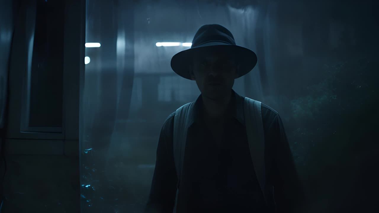 夜晚，一名男子站在一栋建筑的玻璃窗前。他双手举起，