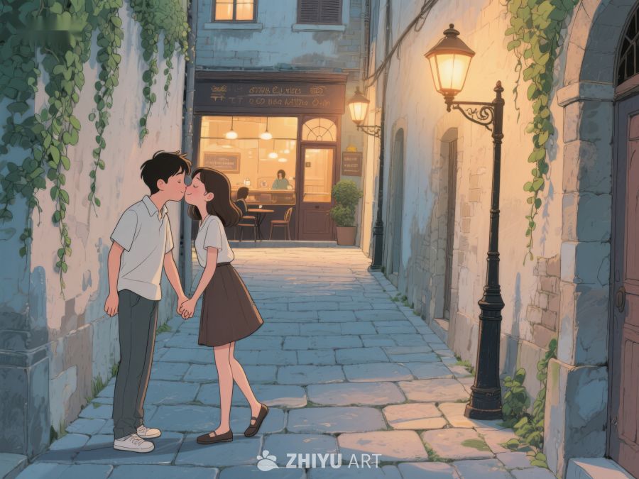 巷中情侣轻吻，温馨夜景 940