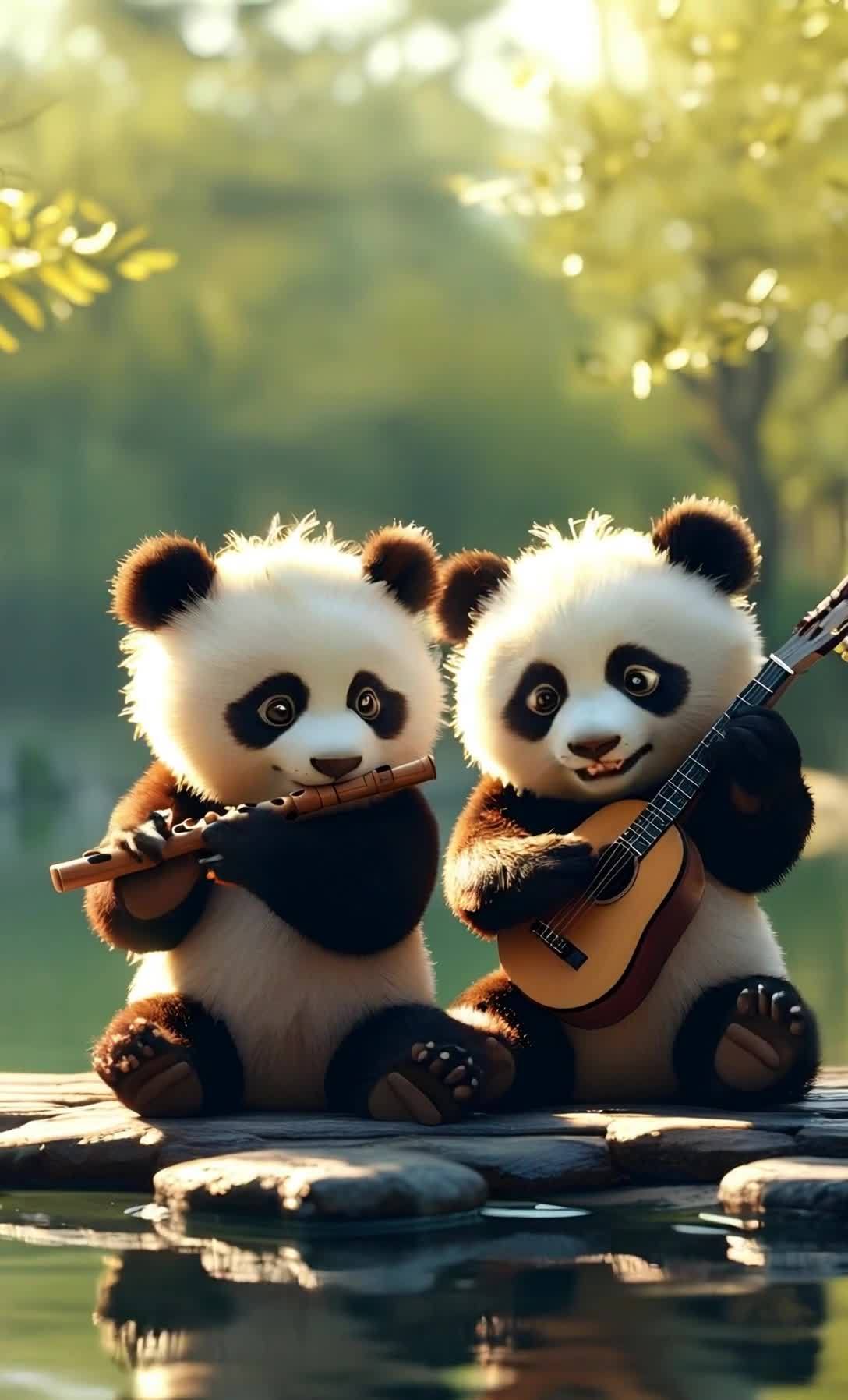 两只可爱熊猫在户外合奏，阳光穿过树木。