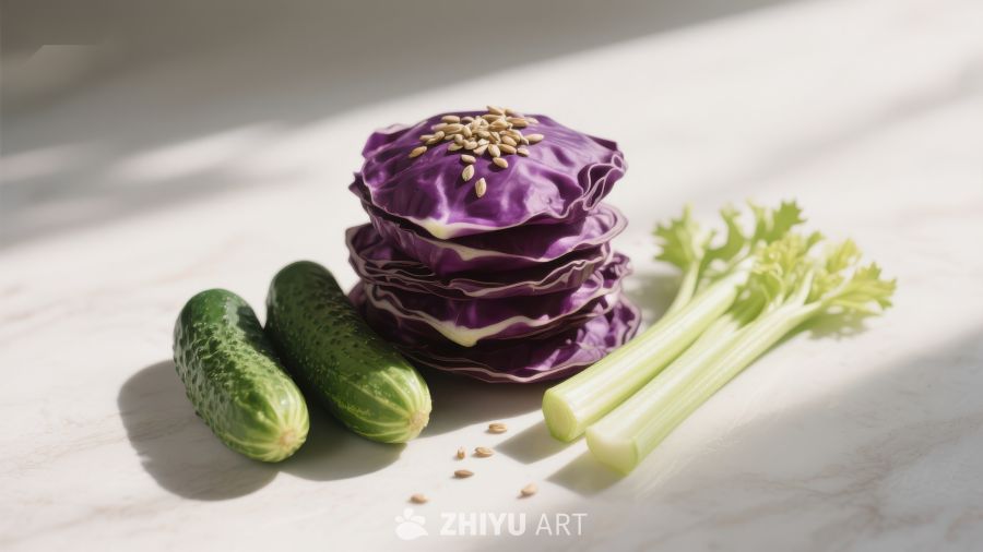 新鲜蔬菜组合：紫甘蓝、黄瓜与芹菜